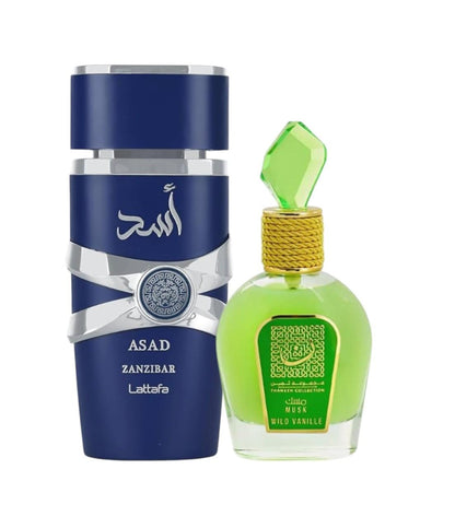 Pack of Lattafa Asad Zanzibar and Musk Wild Vanille