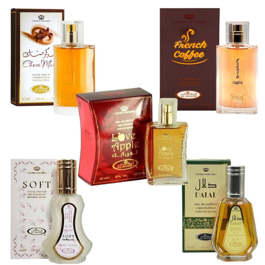 Bundle Pack of Al rehab choco musk, soft, Dalal, love Apple and French coffee